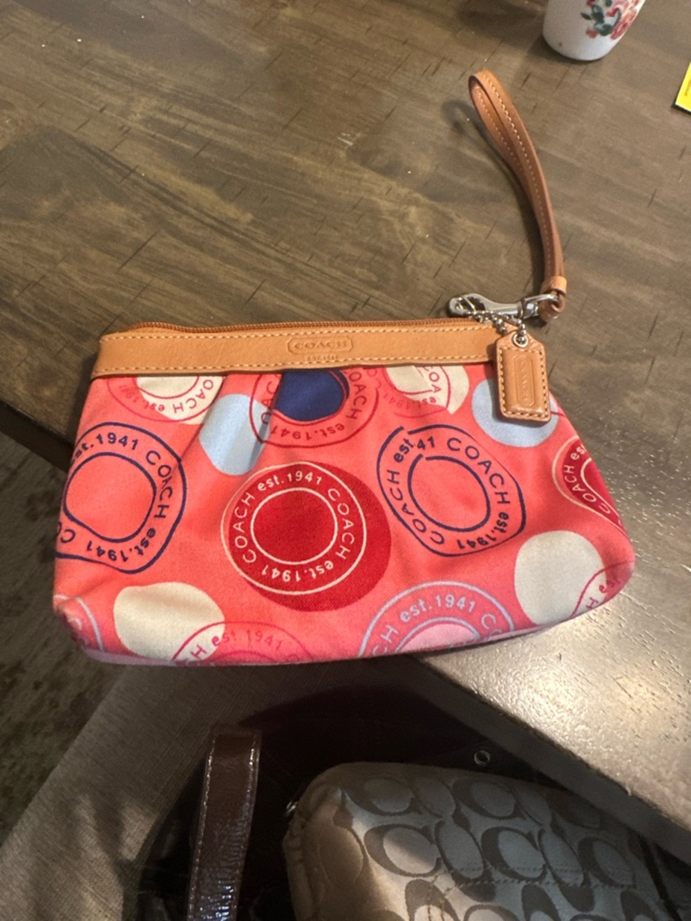 Coach Pink, Coral & Red Signature Wristlet with Tan Trim